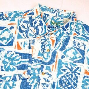 Bamboo Cay Button Up Shirt Mens XXL Blue Tropical Pineapple Palm Tree Modal